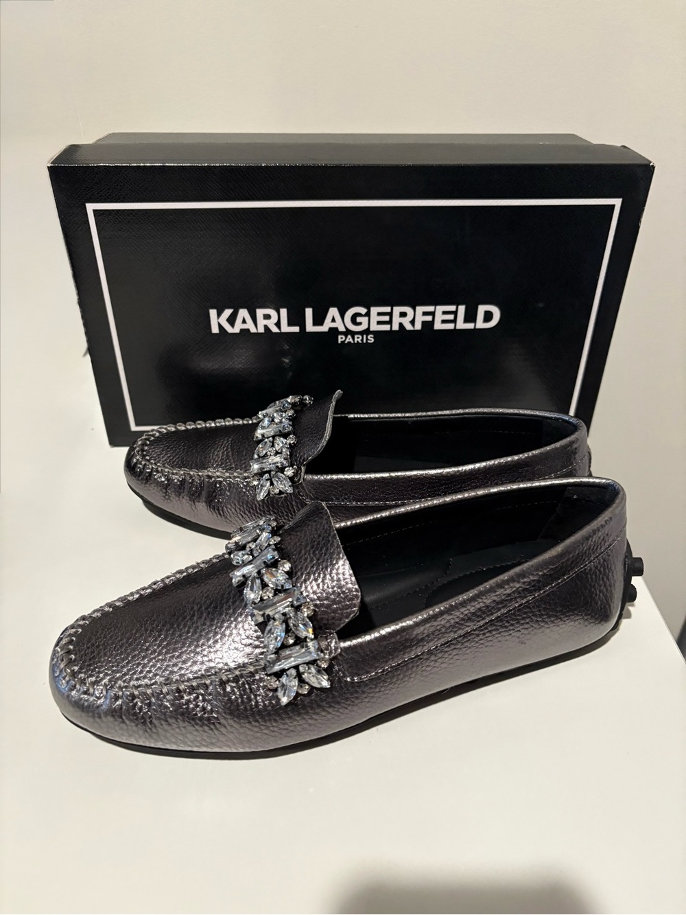 NEW! Karl Lagerfeld Paris Perryn Embellished Metallic Gray Loafers